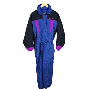 Vintage 90s White Mountain Ski Suit Snowsuit Blue Purple Belted Insulated Mens S